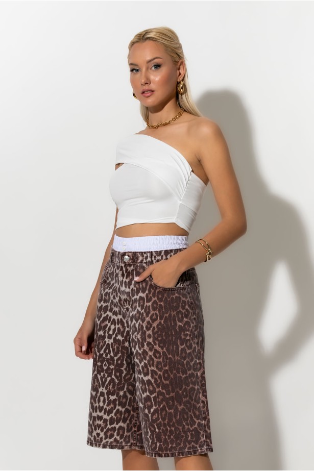 Jean baggy boxer βερμούδα leopard print καφέ Jean baggy boxer βερμούδα leopard print καφέ
