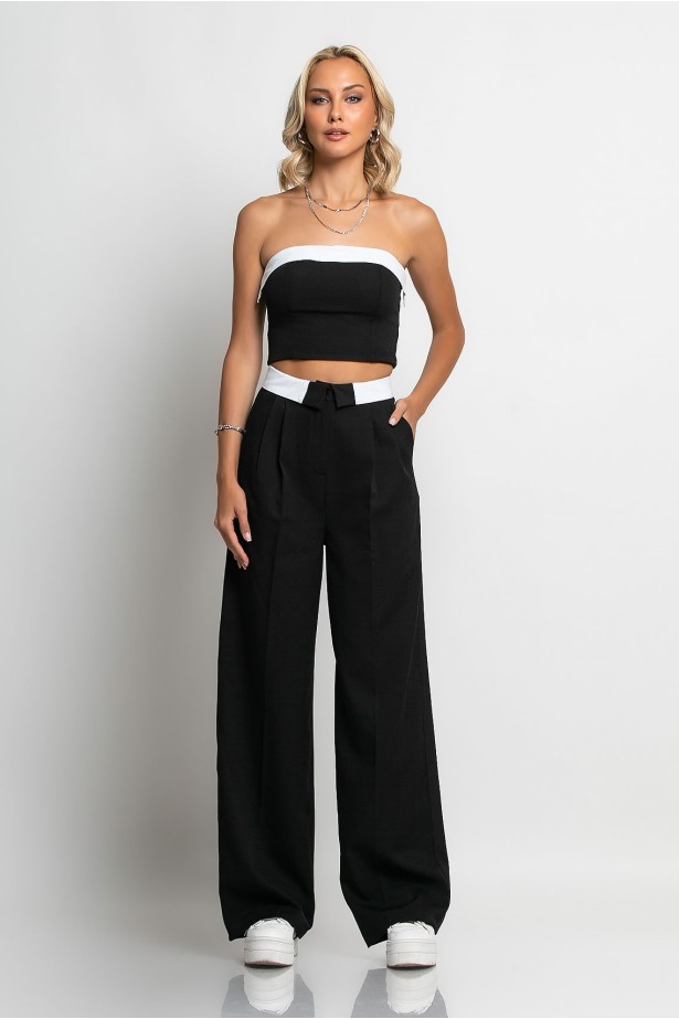 Σετ παντελόνα tailoring και στράπλες crop top μαύρο Σετ παντελόνα tailoring και στράπλες crop top μαύρο