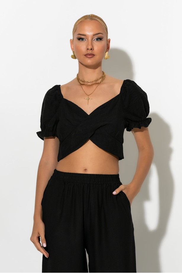 Σετ crop top με V και παντελόνι μαύρο Σετ crop top με V και παντελόνι μαύρο