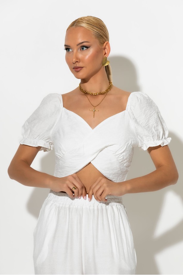 Σετ crop top με V και παντελόνι λευκό Σετ crop top με V και παντελόνι λευκό