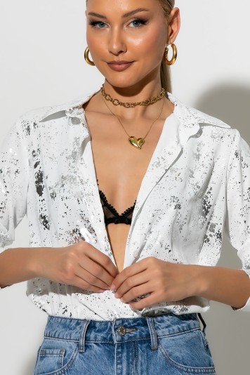 Πουκάμισο splash print foil λευκό-ασημί