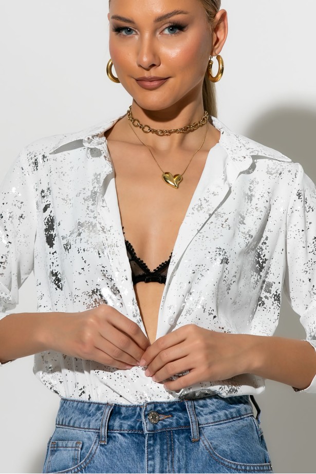 Πουκάμισο splash print foil λευκό-ασημί Πουκάμισο splash print foil λευκό-ασημί