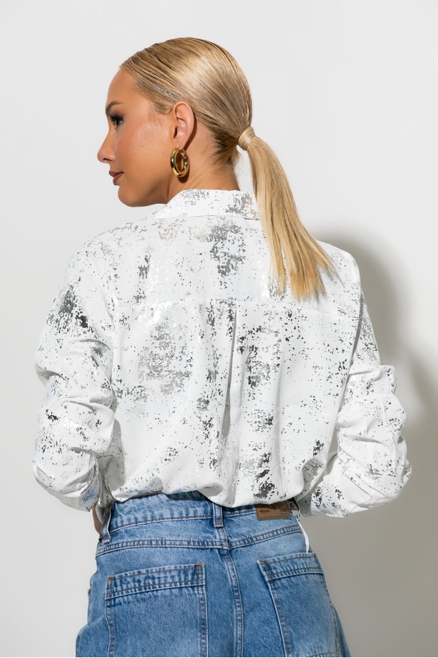Πουκάμισο splash print foil λευκό-ασημί Πουκάμισο splash print foil λευκό-ασημί