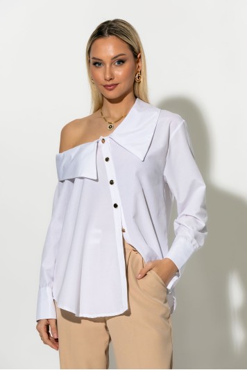 Πουκάμισο ασύμμετρο off-shoulder με μεταλλικά κουμπιά λευκό