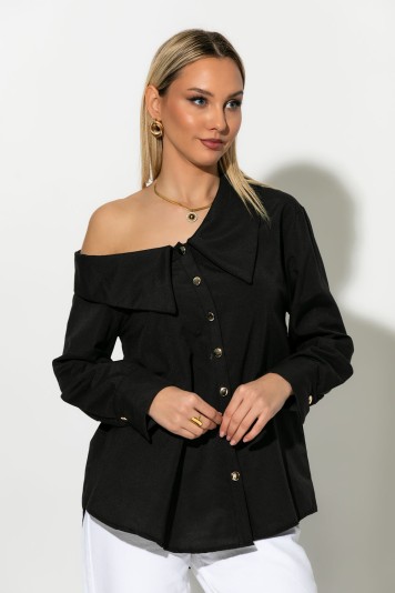 Πουκάμισο ασύμμετρο off-shoulder με μεταλλικά κουμπιά μαύρο