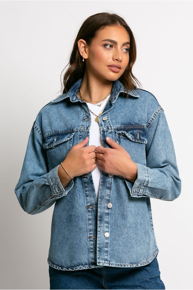 Jean jacket με τσέπες μπλε ντένιμ Jean jacket με τσέπες μπλε ντένιμ