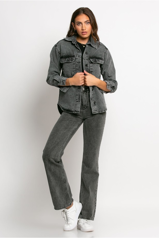 Jean jacket ασύμμετρο με τσέπες ανθρακί Jean jacket ασύμμετρο με τσέπες ανθρακί