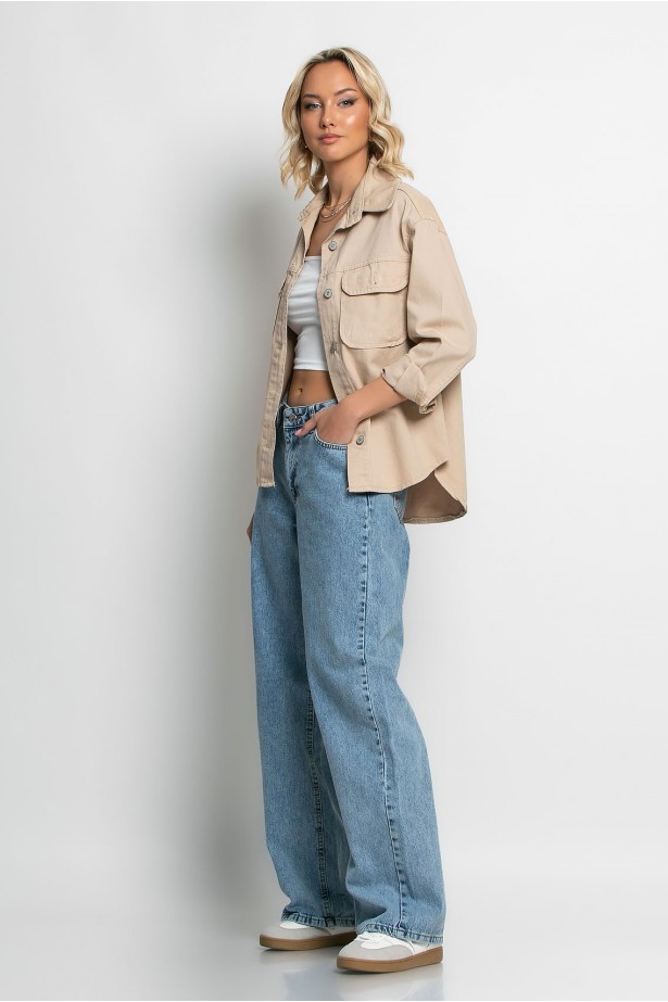 Jean jacket λεπτό ασύμμετρο με τσέπες μπεζ ανοιχτό Jean jacket λεπτό ασύμμετρο με τσέπες μπεζ ανοιχτό