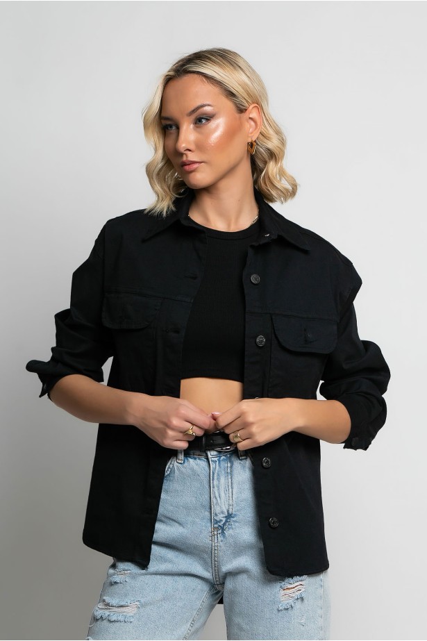 Jean jacket λεπτό ασύμμετρο με τσέπες μαύρο Jean jacket λεπτό ασύμμετρο με τσέπες μαύρο