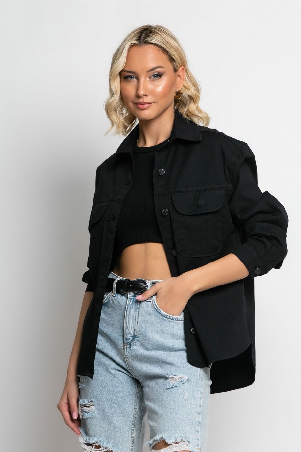 Jean jacket λεπτό ασύμμετρο με τσέπες μαύρο Jean jacket λεπτό ασύμμετρο με τσέπες μαύρο