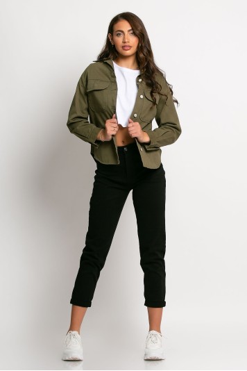 Jean jacket λεπτό ασύμμετρο με τσέπες μπεζ σκούρο