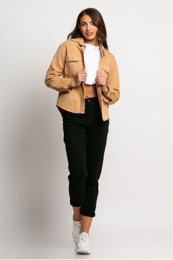 Jean jacket λεπτό ασύμμετρο με τσέπες μπεζ σκούρο