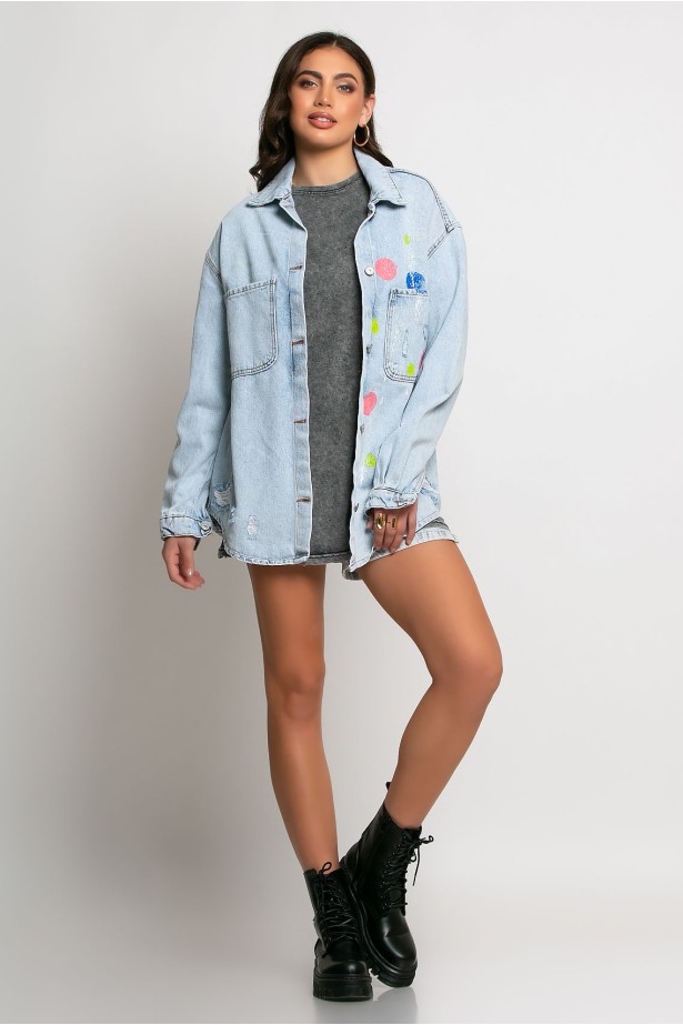 Jean jacket oversized με φθορές και στάμπα (teddy bear) μπλε ανοιχτό Jean jacket oversized με φθορές και στάμπα (teddy bear) μπλε ανοιχτό