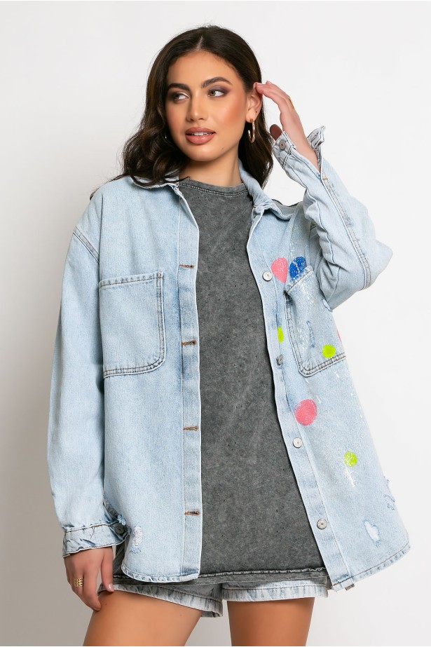 Jean jacket oversized με φθορές και στάμπα (teddy bear) μπλε ανοιχτό Jean jacket oversized με φθορές και στάμπα (teddy bear) μπλε ανοιχτό