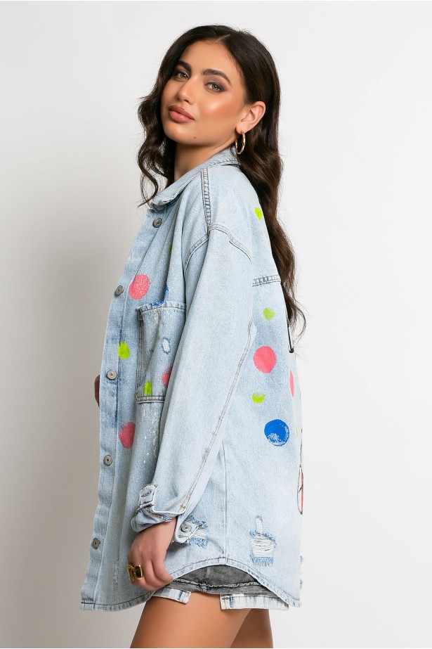 Jean jacket oversized με φθορές και στάμπα (teddy bear) μπλε ανοιχτό Jean jacket oversized με φθορές και στάμπα (teddy bear) μπλε ανοιχτό