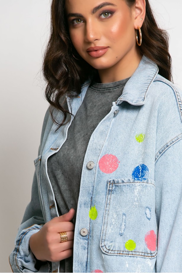 Jean jacket oversized με φθορές και στάμπα (teddy bear) μπλε ανοιχτό Jean jacket oversized με φθορές και στάμπα (teddy bear) μπλε ανοιχτό