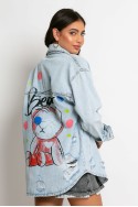 Jean jacket oversized με φθορές και στάμπα (teddy bear) μπλε ανοιχτό Jean jacket oversized με φθορές και στάμπα (teddy bear) μπλε ανοιχτό