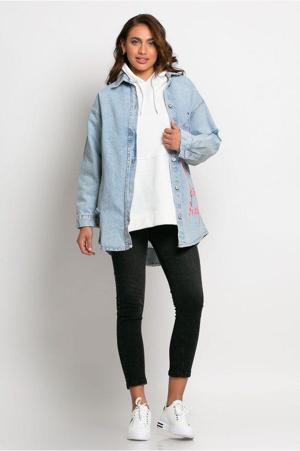 Jean jacket oversized με φθορές και στάμπα (Big Bubble) μπλε Jean jacket oversized με φθορές και στάμπα (Big Bubble) μπλε