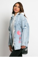 Jean jacket oversized με φθορές και στάμπα (Big Bubble) μπλε Jean jacket oversized με φθορές και στάμπα (Big Bubble) μπλε
