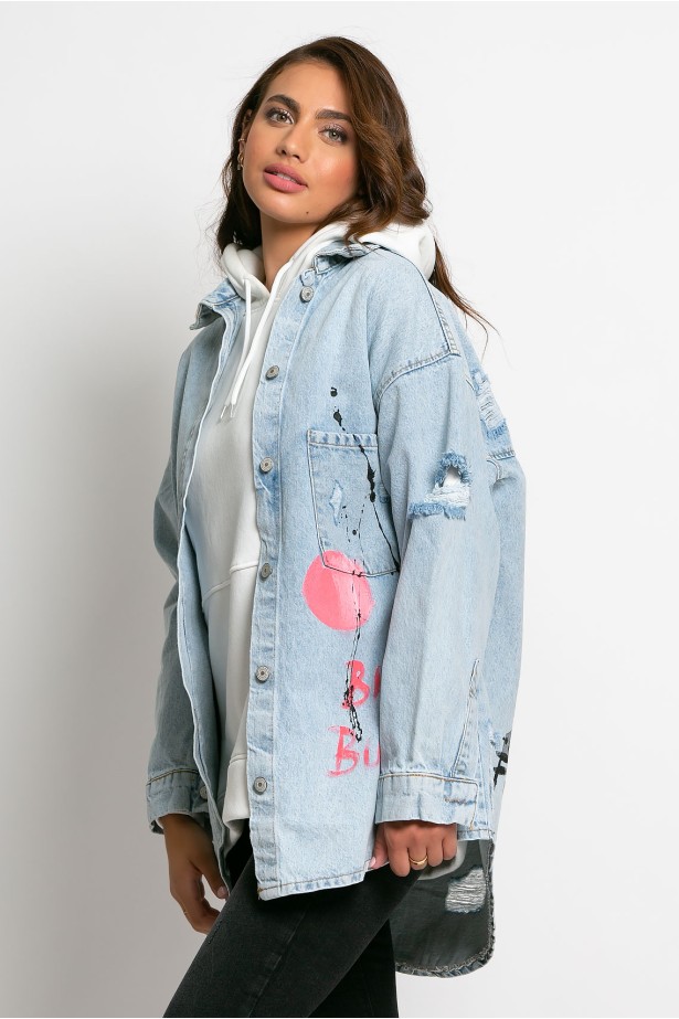 Jean jacket oversized με φθορές και στάμπα (Big Bubble) μπλε Jean jacket oversized με φθορές και στάμπα (Big Bubble) μπλε