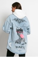 Jean jacket oversized με φθορές και στάμπα (Big Bubble) μπλε Jean jacket oversized με φθορές και στάμπα (Big Bubble) μπλε
