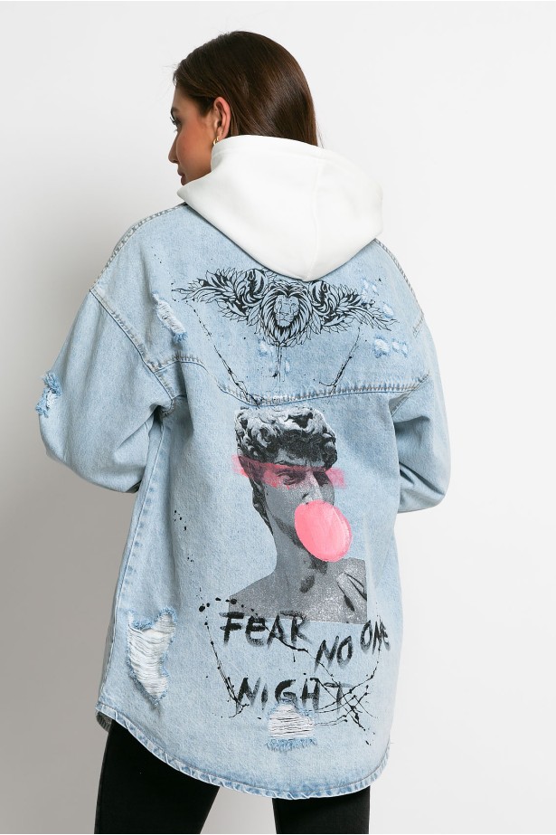 Jean jacket oversized με φθορές και στάμπα (Big Bubble) μπλε Jean jacket oversized με φθορές και στάμπα (Big Bubble) μπλε