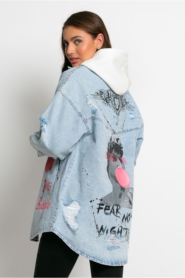 Jean jacket oversized με φθορές και στάμπα (Big Bubble) μπλε Jean jacket oversized με φθορές και στάμπα (Big Bubble) μπλε