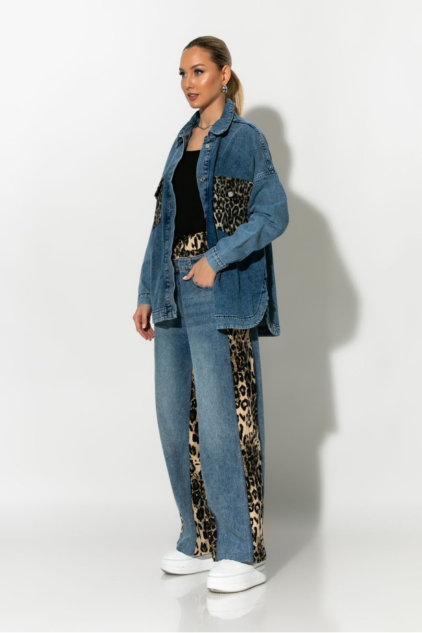 Oversized jean jacket με λεοπάρ τσέπες μπλε Oversized jean jacket με λεοπάρ τσέπες μπλε