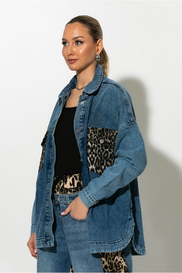 Oversized jean jacket με λεοπάρ τσέπες μπλε Oversized jean jacket με λεοπάρ τσέπες μπλε