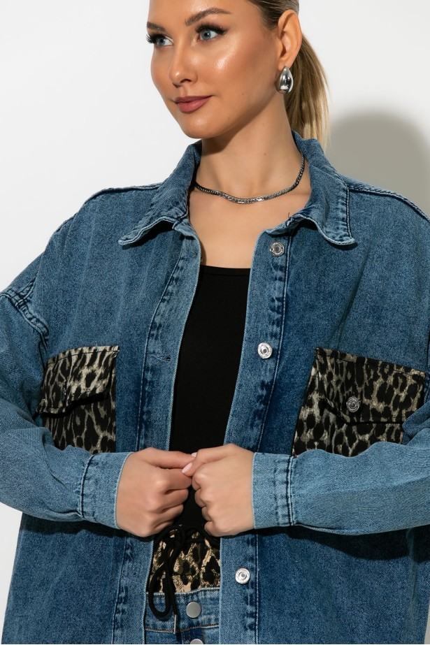 Oversized jean jacket με λεοπάρ τσέπες μπλε Oversized jean jacket με λεοπάρ τσέπες μπλε