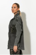 Oversized jean jacket με λεοπάρ τσέπες ανθρακί Oversized jean jacket με λεοπάρ τσέπες ανθρακί