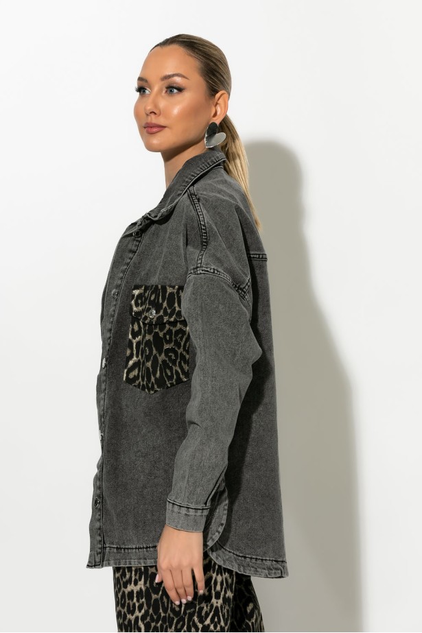Oversized jean jacket με λεοπάρ τσέπες ανθρακί Oversized jean jacket με λεοπάρ τσέπες ανθρακί