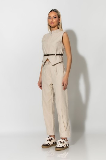 Σετ baggy παντελόνι και cropped γιλέκο με ζωνάκι και φερμουάρ μπεζ