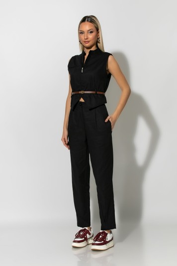 Σετ baggy παντελόνι και cropped γιλέκο με ζωνάκι και φερμουάρ μαύρο