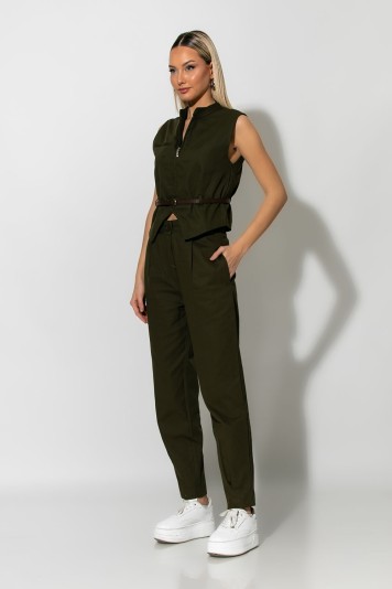 Σετ baggy παντελόνι και cropped γιλέκο με ζωνάκι και φερμουάρ μαύρο