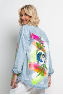 Jean jacket oversized με φθορές φλούο χρώματα και στάμπα (face) μπλε ανοιχτό Jean jacket oversized με φθορές φλούο χρώματα και στάμπα (face) μπλε ανοιχτό