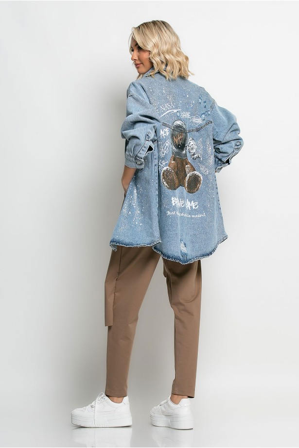 Jean jacket oversized με φθορές και στάμπα (nasa bear) μπλε Jean jacket oversized με φθορές και στάμπα (nasa bear) μπλε