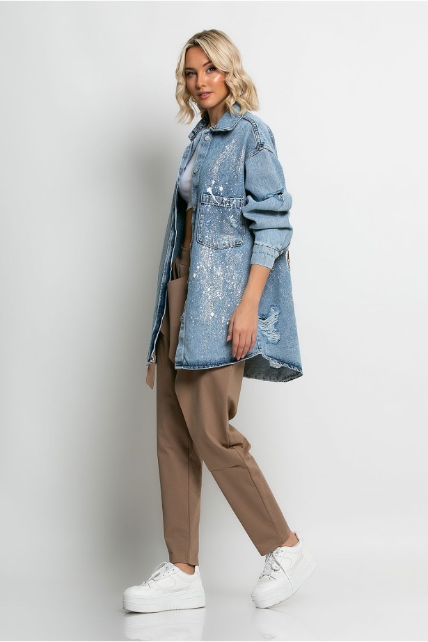 Jean jacket oversized με φθορές και στάμπα (nasa bear) μπλε Jean jacket oversized με φθορές και στάμπα (nasa bear) μπλε