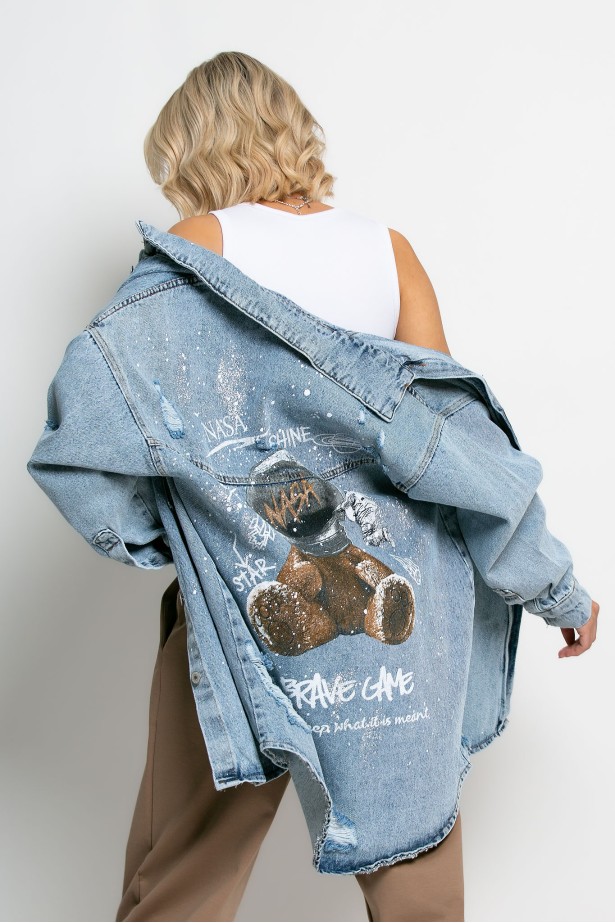 Jean jacket oversized με φθορές και στάμπα (nasa bear) μπλε Jean jacket oversized με φθορές και στάμπα (nasa bear) μπλε