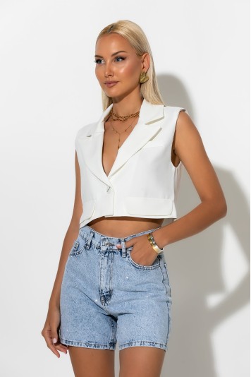 Cropped γιλέκο με γιακά και κουμπί μαύρο