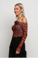 Μπλούζα με λοξή λαιμόκοψη και σούρες leopard print πορτοκαλί Μπλούζα με λοξή λαιμόκοψη και σούρες leopard print πορτοκαλί