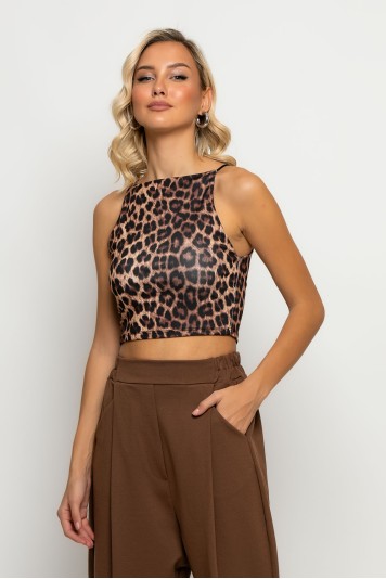 Crop top τιραντέ με τετράγωνη λαιμόκοψη leopard print πορτοκαλί