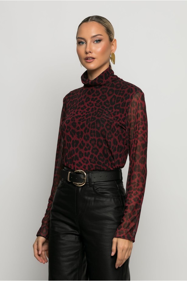 Μπλούζα τούλινη leopard print με ψηλό λαιμό και επένδυση μπορντό Μπλούζα τούλινη leopard print με ψηλό λαιμό και επένδυση μπορντό
