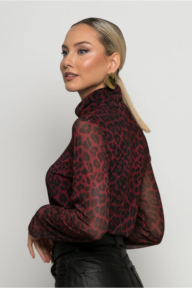 Μπλούζα τούλινη leopard print με ψηλό λαιμό και επένδυση μπορντό Μπλούζα τούλινη leopard print με ψηλό λαιμό και επένδυση μπορντό