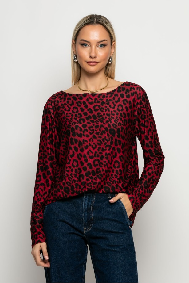 Μπλούζα με boat neck leopard print μπορντό Μπλούζα με boat neck leopard print μπορντό