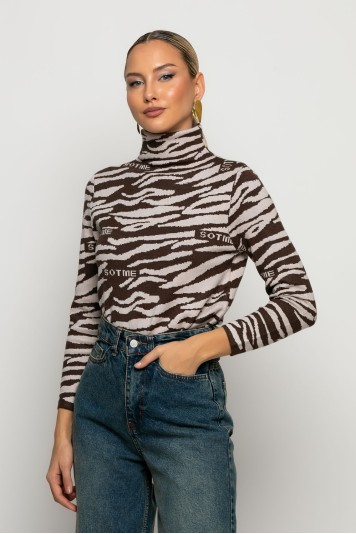 Πλεκτό με ψηλό λαιμό zebra print γκρι