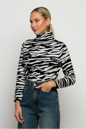 Πλεκτό με ψηλό λαιμό zebra print γκρι