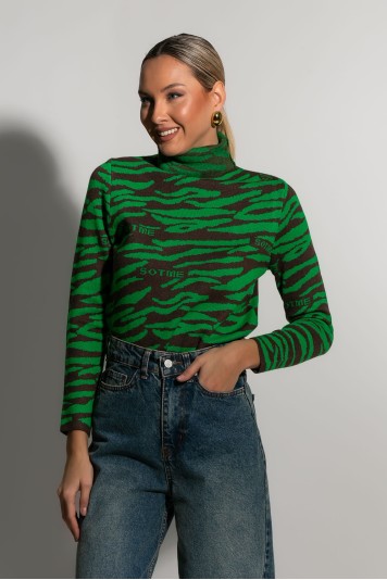 Πλεκτό με ψηλό λαιμό zebra print γκρι