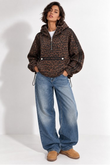 Μπλούζα oversized λεοπάρ με υφή σουέντ και κουκούλα λαδί