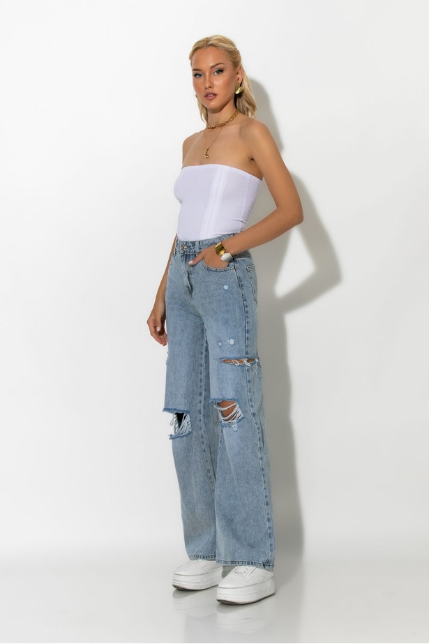 Jean wide leg με φθορές μπλε Jean wide leg με φθορές μπλε